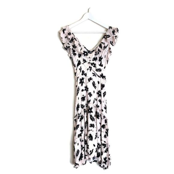 ILLA ILLA Tiered Ruffle Midi Dress L Sleeveless V-Neck Floral Boho Cream Black - Picture 1 of 9